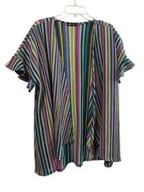 Vision USA multicolor striped open-front kimono cardigan sz L rave retro happy